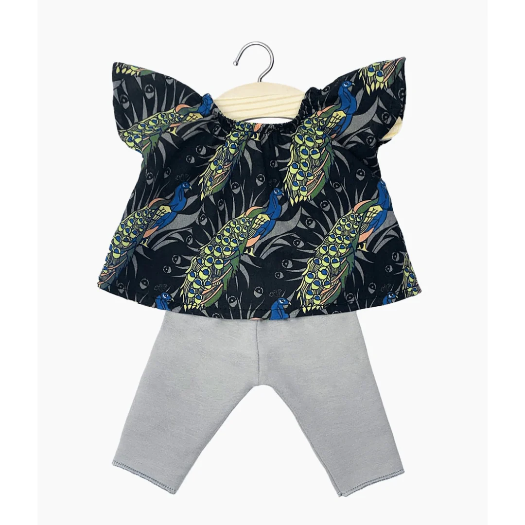 Habit poupée 34/37 cm - Ensemble top paons & legging gris – Image 2